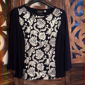 EUC Large Bob Mackie black with silver sequin design on lace insert